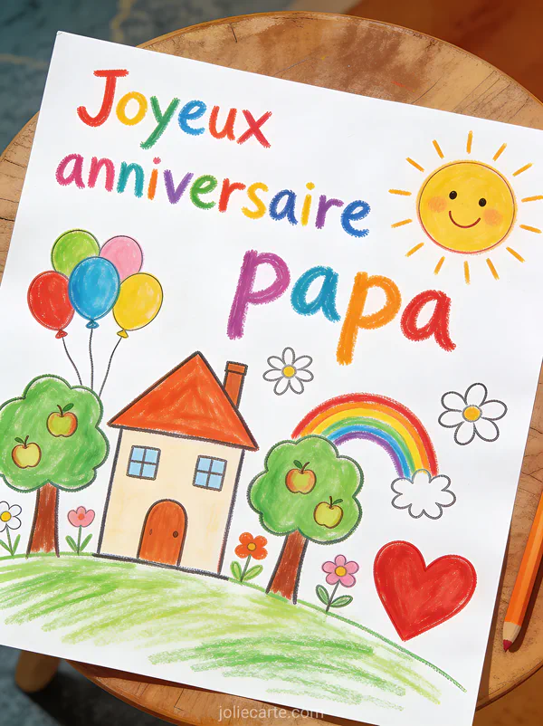 Dessin d'enfant naïf aux crayons de couleur avec maison soleil arc-en-ciel fleurs ballons et gros cœur rouge