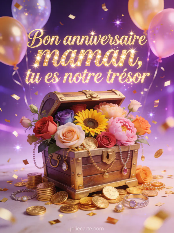 Coffre au trésor ouvert débordant de roses, pivoines et tournesols avec confettis dorés et ballons sur fond violet festif