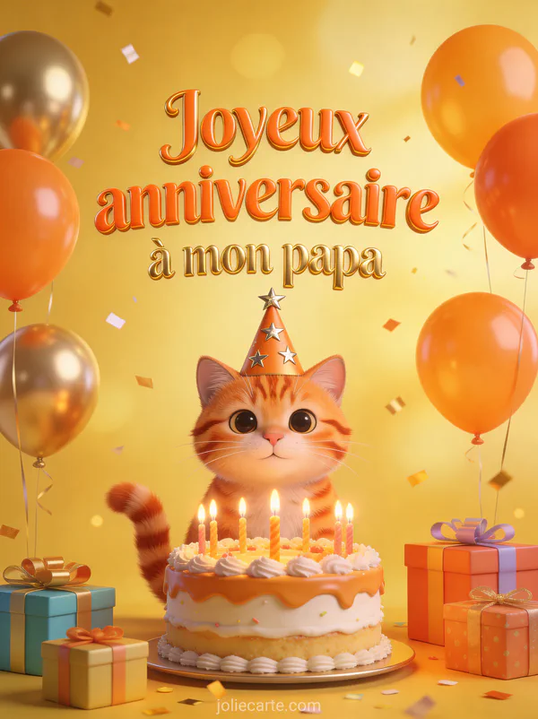 Chat roux tigré avec chapeau de fête devant un gâteau d'anniversaire cadeaux colorés ballons et confettis