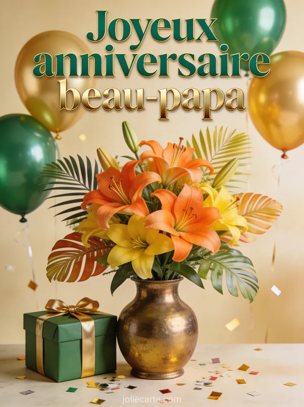 Bouquet de lys orange et jaunes avec feuillages tropicaux dans un vase bronze ballons verts et cadeau vert