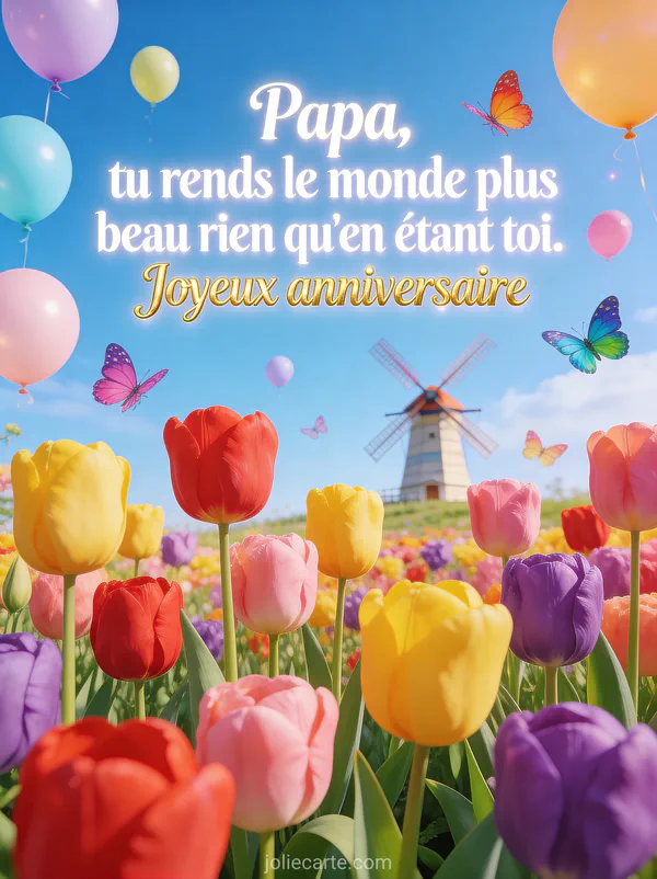 Jardin de tulipes multicolores avec moulin à vent papillons colorés et ballons pastels dans un ciel bleu printanier