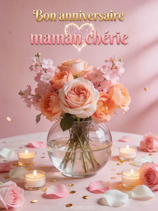 Roses David Austin roses et pêche dans un vase rond en verre avec bougies votives et confettis dorés sur fond rose poudré