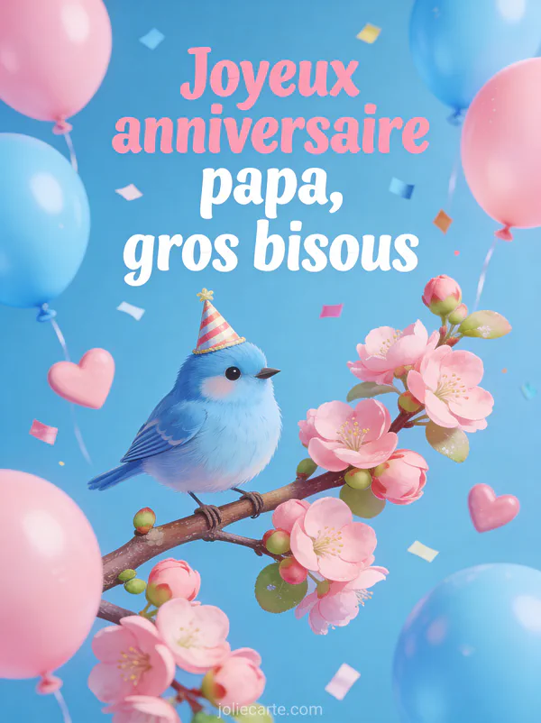 Mésange bleue avec chapeau de fête sur une branche de pommier en fleurs avec ballons cœurs et confettis
