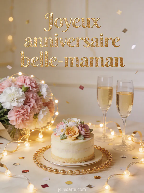 Table de fête avec petit gâteau fleuri, coupes de champagne, œillets roses et guirlandes lumineuses sur fond crème et doré