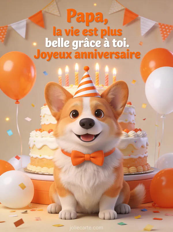 Chien corgi avec chapeau de fête et noeud papillon orange devant un gâteau d'anniversaire avec ballons et confettis