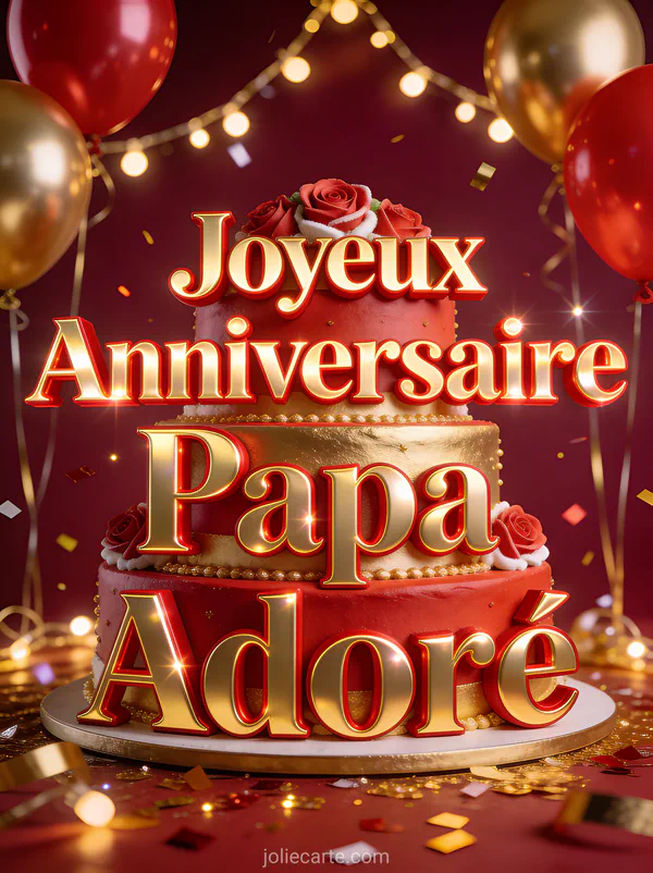 Gâteau d'anniversaire rouge et doré à trois étages avec roses en sucre ballons métalliques guirlandes et confettis