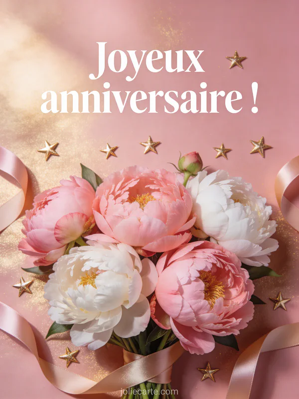 Bouquet de pivoines roses et blanches avec étoiles dorées et rubans satinés avec le texte Joyeux anniversaire