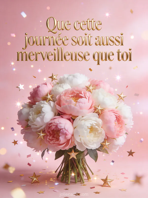 Bouquet de pivoines roses et blanches avec confettis dorés et le texte Que cette journée soit aussi merveilleuse que toi