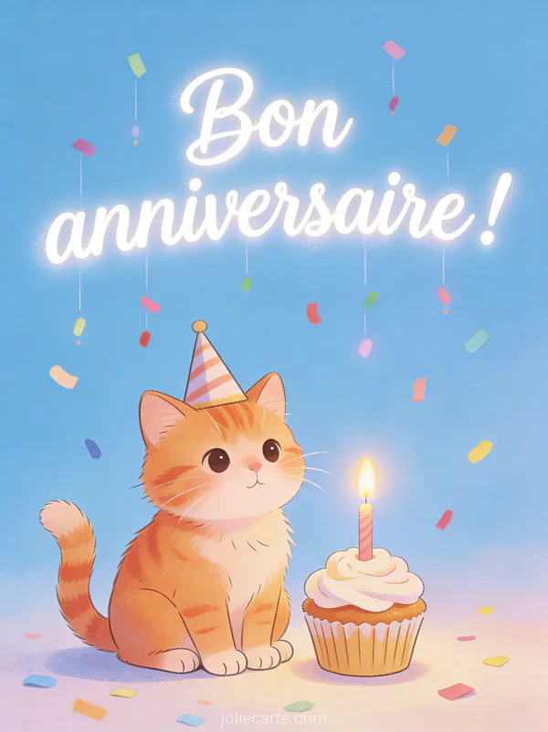 Chat roux avec chapeau de fête pointu assis à côté d'un cupcake avec bougie et confettis colorés avec le texte Bon anniversaire