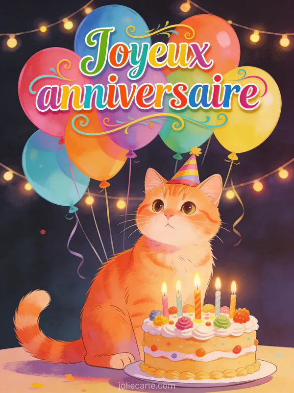 Chat roux avec chapeau de fête devant un gâteau d'anniversaire décoré avec ballons et guirlandes