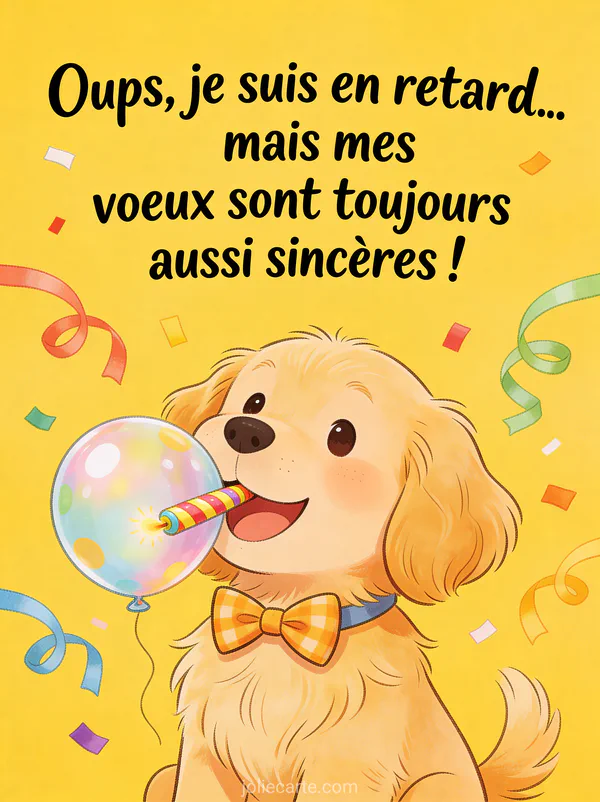 Golden retriever avec nœud papillon tenant un ballon d'anniversaire entouré de confettis et serpentins avec le texte Oups je suis en retard