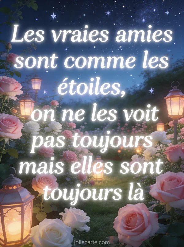 Ciel étoilé au-dessus d'un jardin de roses illuminé par des lanternes avec texte sur l'amitié