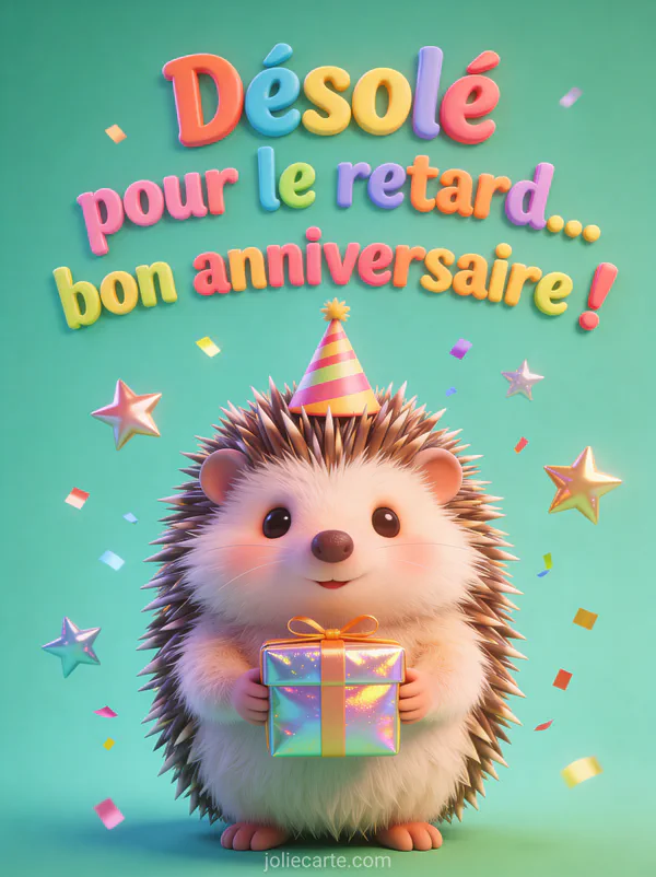 Hérisson avec chapeau de fête tenant un petit cadeau emballé entouré d'étoiles et de paillettes avec le texte Désolé pour le retard