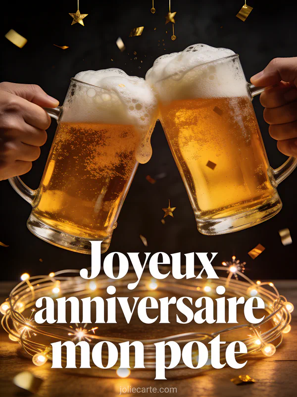 Deux verres de bière qui trinquent avec confettis dorés et guirlandes pour un joyeux anniversaire
