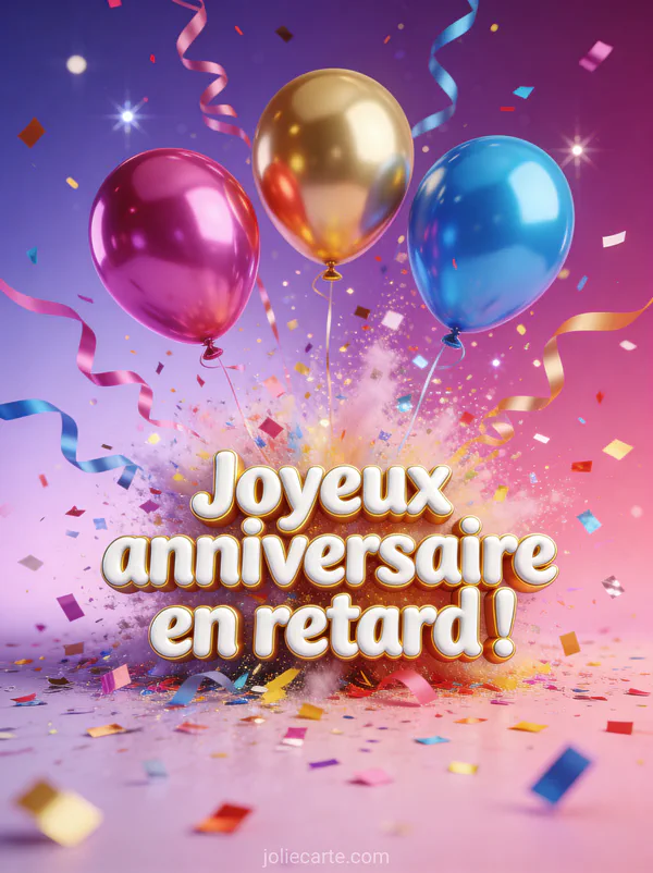 Explosion de confettis multicolores avec trois ballons brillants rose doré et bleu sur fond violet avec le texte Joyeux anniversaire en retard