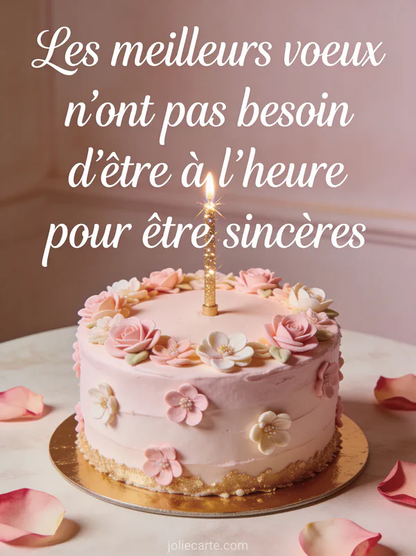 Gâteau d'anniversaire rose pâle avec fleurs en sucre et bougie dorée entouré de pétales de rose avec le texte Les meilleurs vœux
