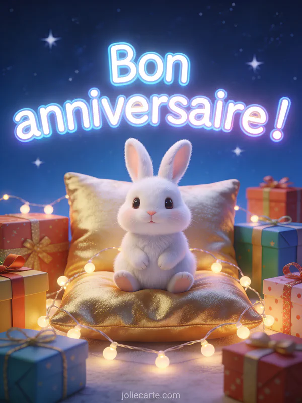 Lapin blanc sur coussin doré entouré de cadeaux colorés et guirlandes lumineuses sur fond bleu nuit étoilé avec le texte Bon anniversaire