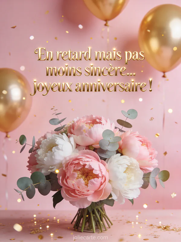 Composition de pivoines roses et blanches avec ballons dorés et paillettes sur fond rose poudré avec le texte En retard mais pas moins sincère