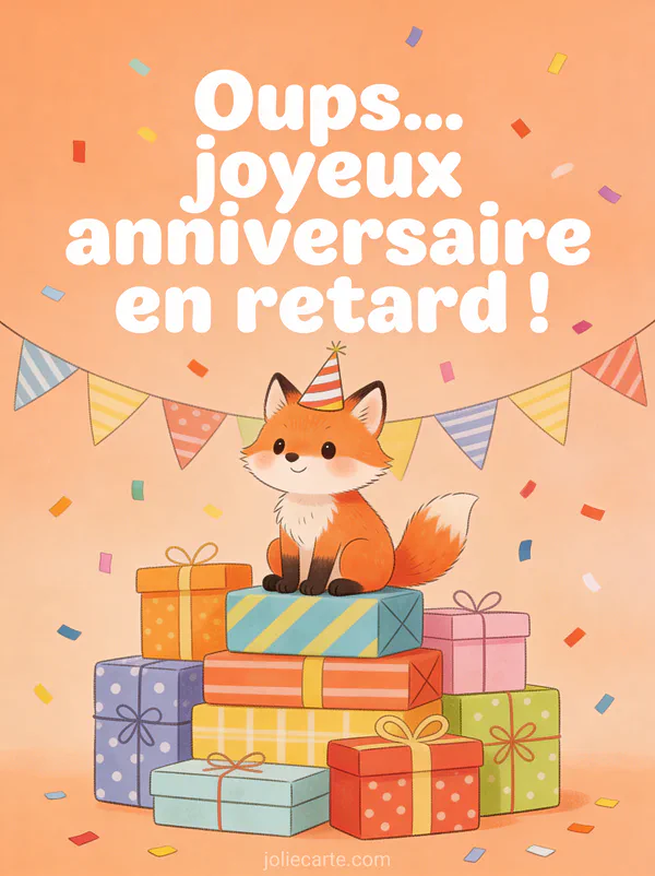 Renard roux avec chapeau de fête assis sur une pile de cadeaux colorés avec guirlandes et confettis avec le texte Oups joyeux anniversaire en retard
