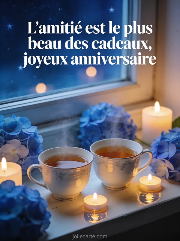 Deux tasses de thé fumantes côte à côte sur un rebord de fenêtre avec hortensias bleus et bougies