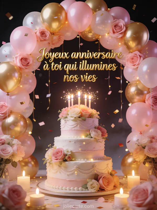 Arche de ballons dorés et roses avec confettis et gâteau à étages décoré de fleurs et bougies