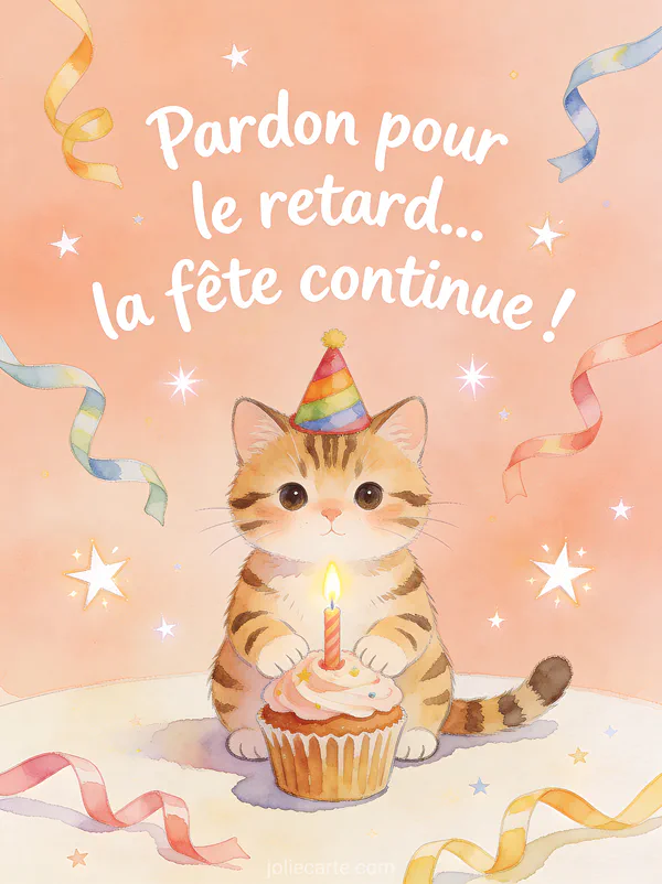 Chat tigré avec chapeau de fête devant un cupcake avec bougie entouré de serpentins et étoiles avec le texte Pardon pour le retard