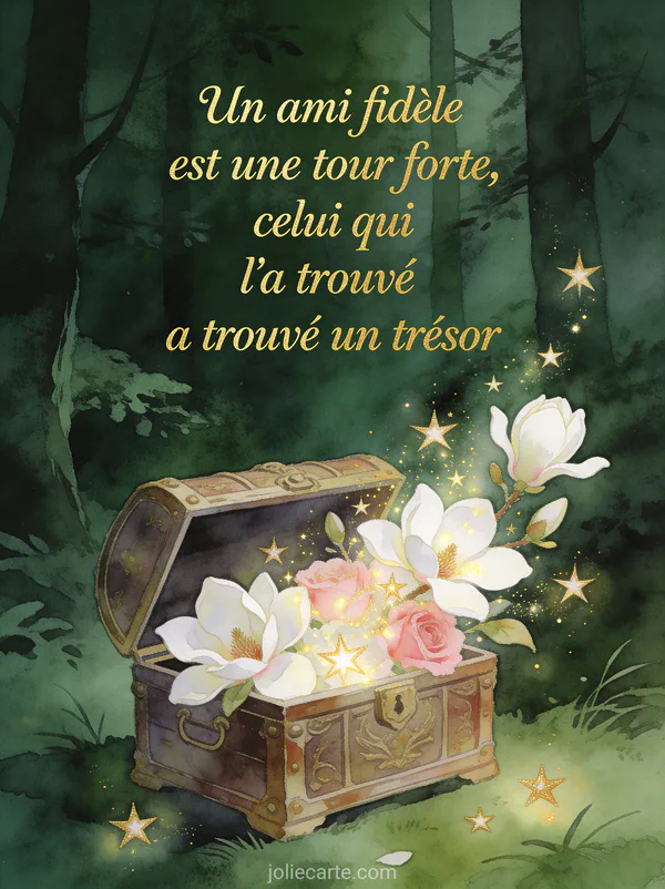 Coffre au trésor ancien entrouvert avec magnolias blanches et roses et étoiles dorées sur fond de forêt