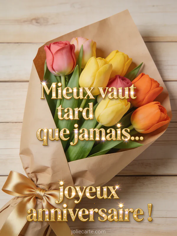 Bouquet de tulipes roses jaunes et oranges dans du papier kraft avec nœud en satin doré sur fond bois clair avec le texte Mieux vaut tard que jamais
