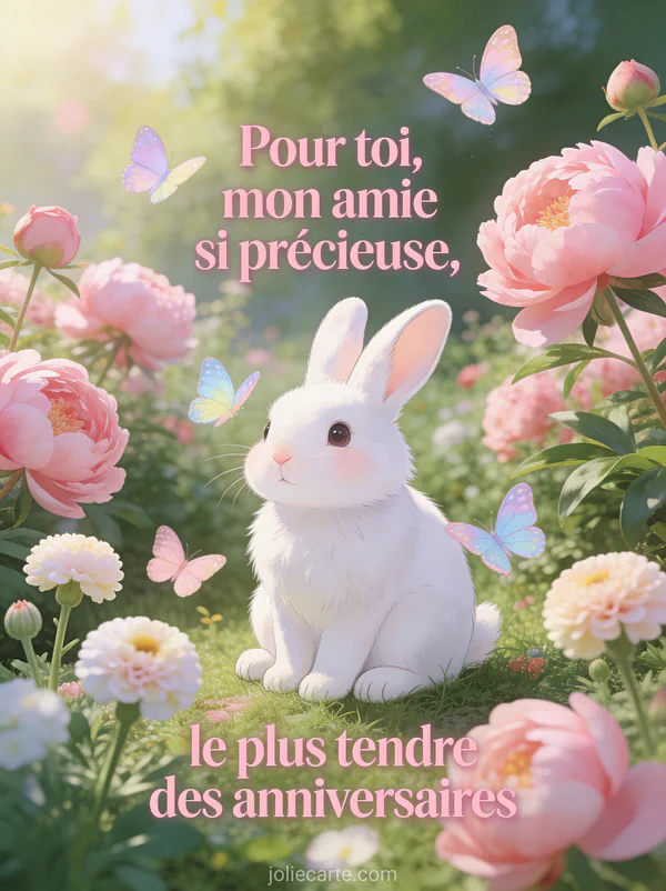 Lapin blanc dans un jardin de pivoines roses et renoncules avec papillons pastel et lumière matinale