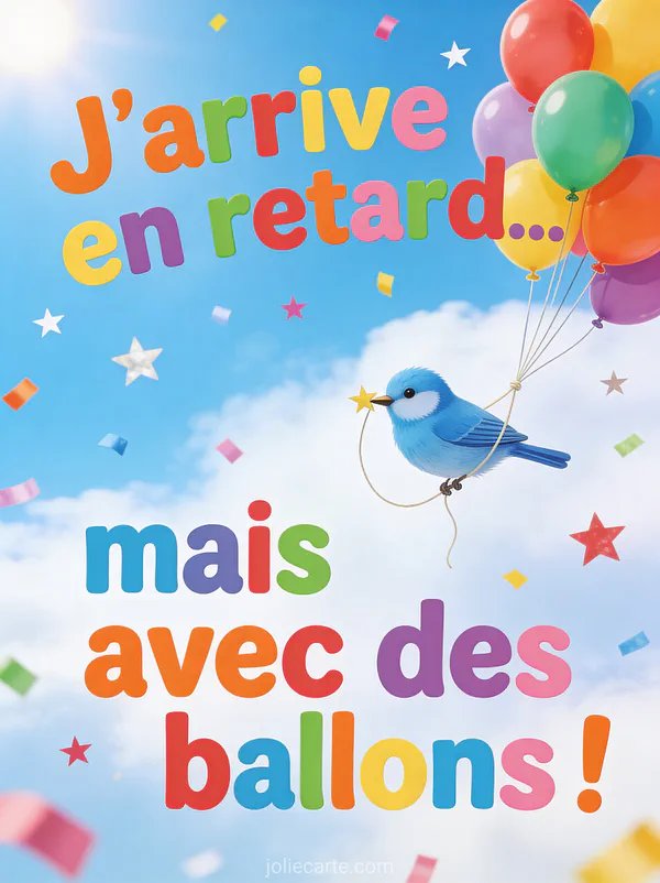 Mésange bleue tenant un fil relié à des ballons colorés avec confettis et étoiles dans un ciel ensoleillé avec le texte J'arrive en retard