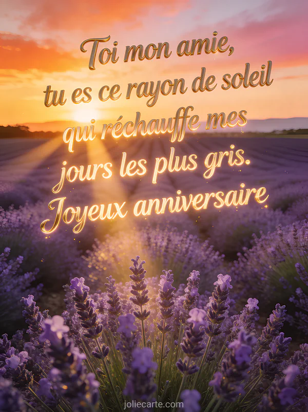 Lever de soleil sur un champ de lavande en Provence avec rayons dorés traversant les tiges violettes