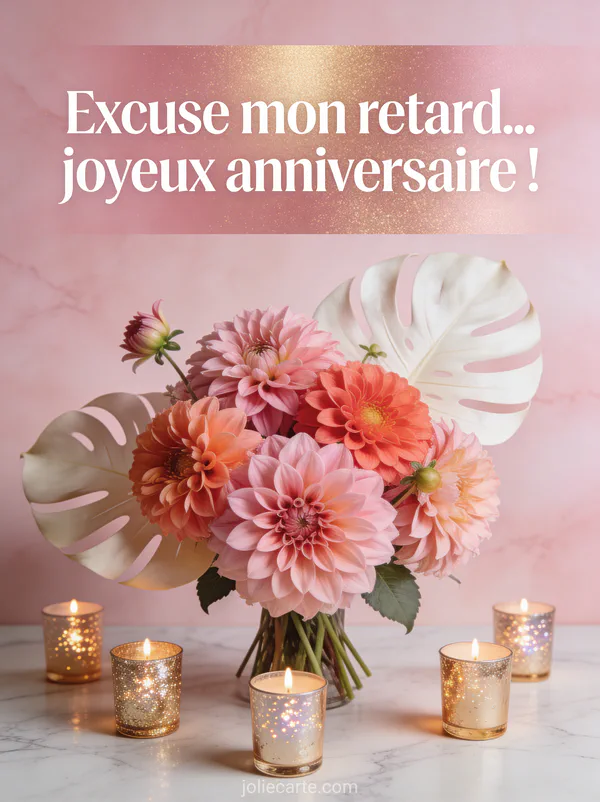 Bouquet de dahlias roses et corail avec feuilles de monstera et bougies dorées sur fond marbre rose avec le texte Excuse mon retard