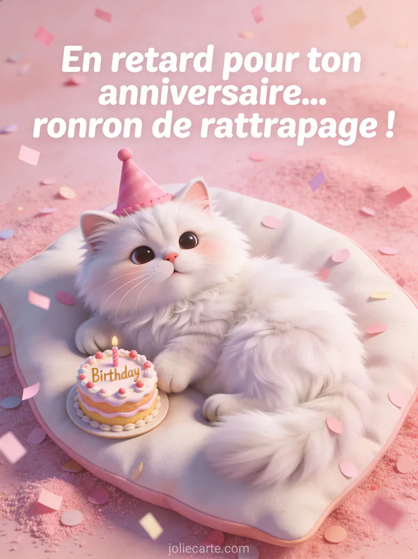 Chat persan blanc avec chapeau de fête rose sur un coussin avec un petit gâteau d'anniversaire et confettis pastel avec le texte En retard pour ton anniversaire