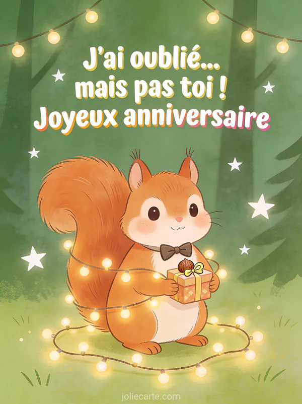 Écureuil roux avec nœud papillon tenant une noisette emballée comme cadeau avec guirlande lumineuse et étoiles avec le texte J'ai oublié mais pas toi