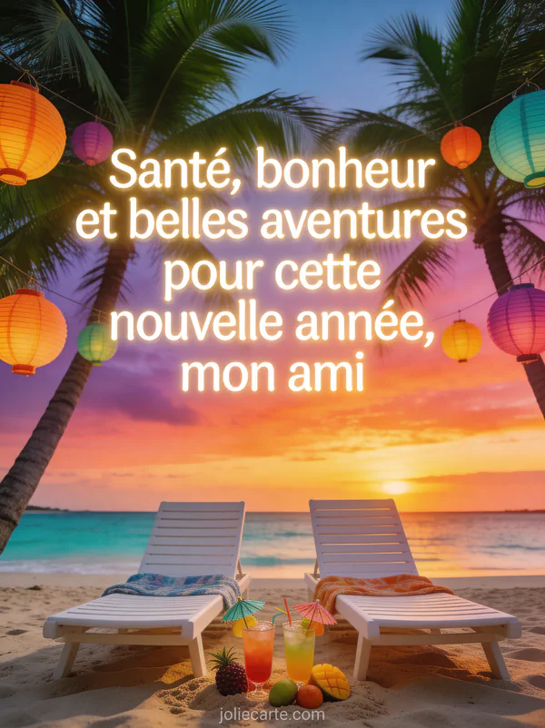 Coucher de soleil sur plage avec deux chaises longues côte à côte lampions colorés et cocktails tropicaux