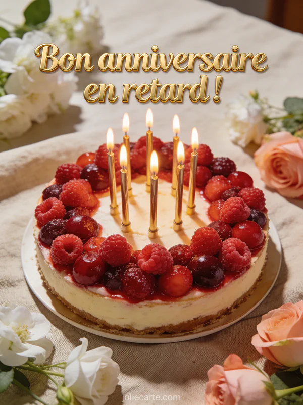 Gâteau recouvert de fruits rouges et framboises avec bougies dorées et fleurs fraîches sur nappe en lin avec le texte Bon anniversaire en retard