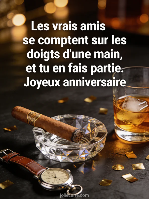 Verre de whisky ambré avec cigare dans cendrier en cristal confettis dorés et montre à gousset vintage