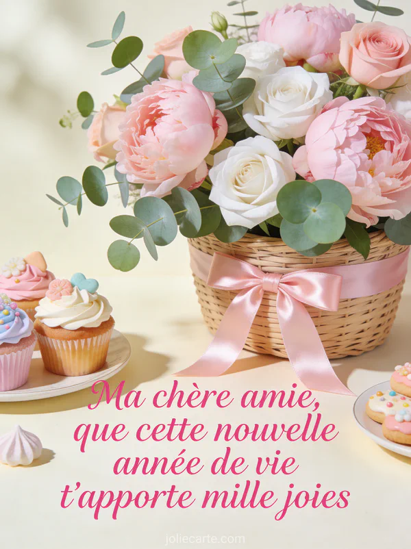 Arrangement de pivoines roses roses blanches et eucalyptus dans panier osier avec cupcakes pastel