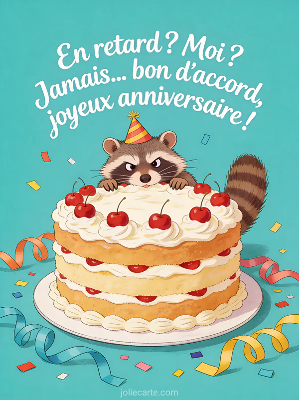 Raton laveur avec air coquin et chapeau de fête caché derrière un gâteau d'anniversaire avec serpentins et confettis avec le texte En retard Moi Jamais