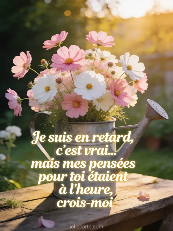 Cosmos roses et blancs dans un arrosoir vintage en zinc avec lumière dorée de fin d'après-midi avec le texte Je suis en retard c'est vrai