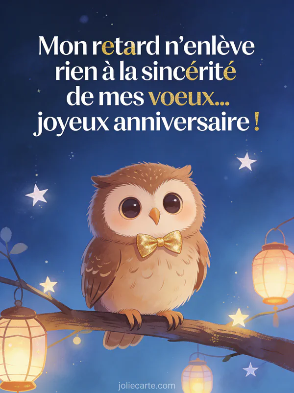 Petit hibou brun avec nœud papillon doré perché sur une branche avec lanternes lumineuses et étoiles sur fond bleu nuit avec le texte Mon retard n'enlève rien