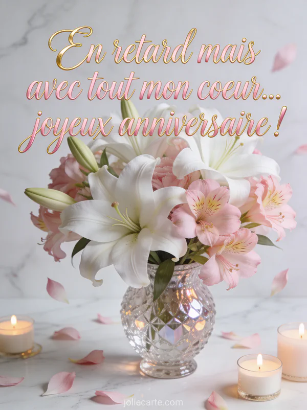 Bouquet de lys blancs et freesias roses dans un vase en cristal avec bougies parfumées sur fond marbre blanc avec le texte En retard mais avec tout mon cœur