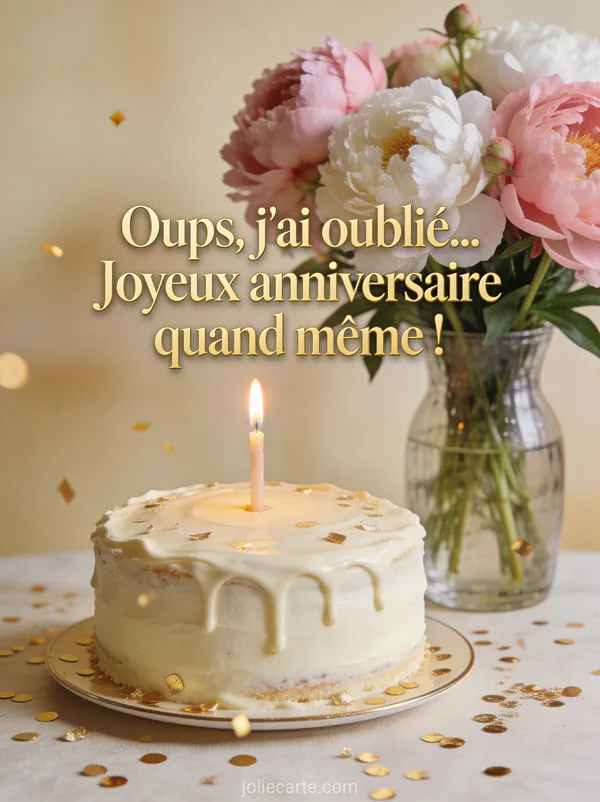 Panda roux se cachant derrière un gros cupcake d'anniversaire avec bougie et confettis multicolores avec le texte Oups j'ai oublié