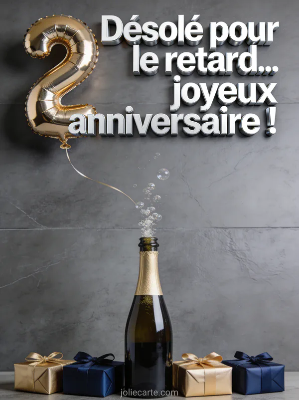 Ballon chiffre doré bouteille de champagne et cadeaux bleu marine et or sur fond gris ardoise avec le texte Désolé pour le retard
