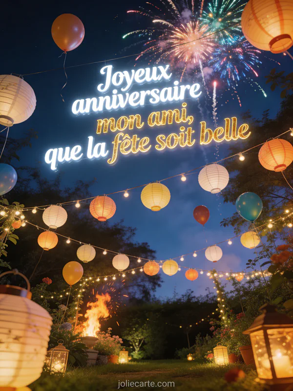 Feu d'artifice multicolore dans ciel nocturne au-dessus d'un jardin illuminé de guirlandes et lanternes