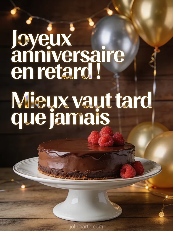 Tortue souriante avec chapeau de fête avançant vers un gâteau d'anniversaire avec ballons et confettis sur fond jaune avec le texte Mieux vaut tard que jamais
