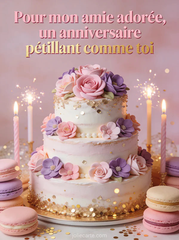 Gâteau à étages décoré de fleurs en sucre roses et violettes avec macarons pastel et bougies scintillantes