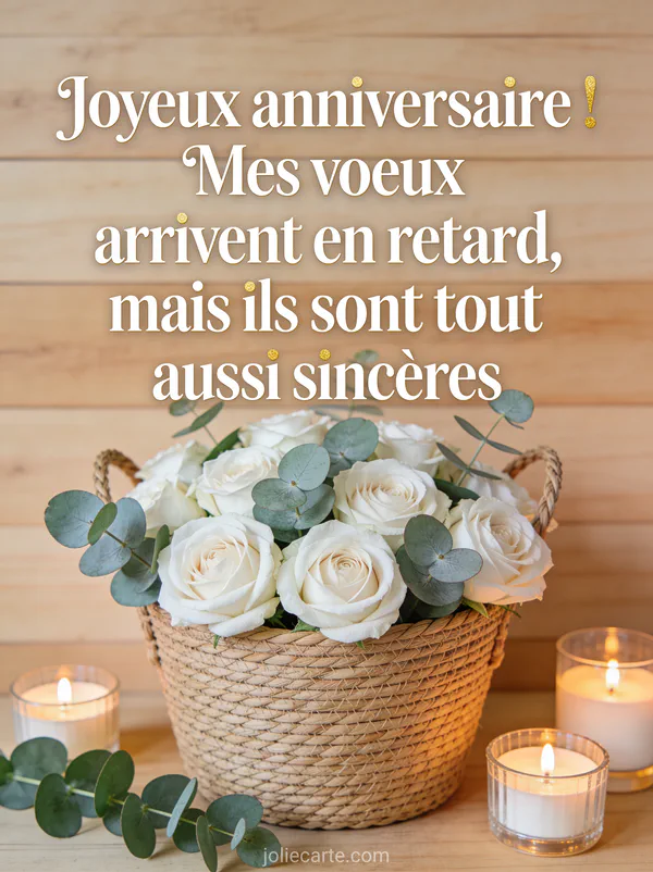 Roses garden blanches et eucalyptus dans un panier en osier avec bougies chauffe-plat sur fond bois naturel avec le texte Mes vœux arrivent en retard