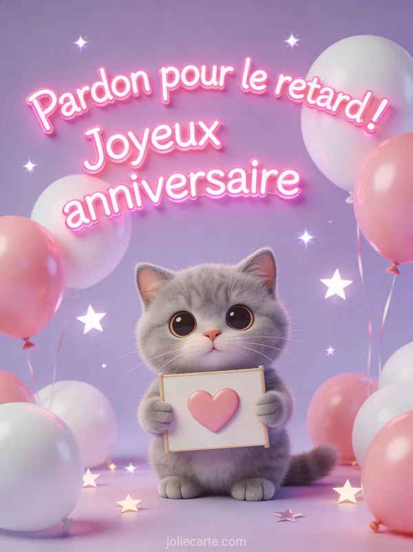 Chaton british shorthair gris avec yeux ronds tenant une pancarte avec cœur entouré de ballons roses et blancs avec le texte Pardon pour le retard