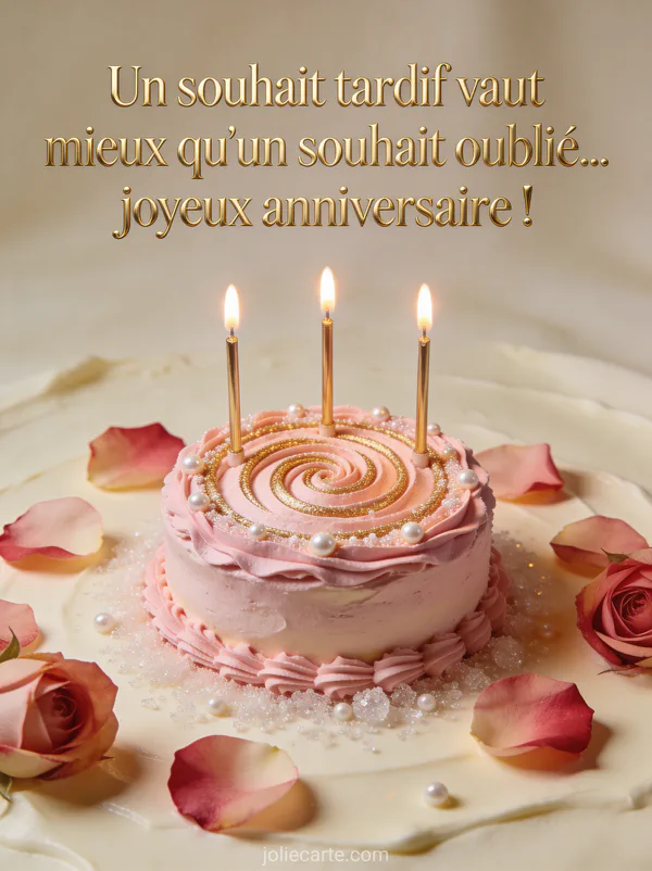 Gâteau d'anniversaire crème au beurre rose avec spirales dorées perles en sucre et bougies dorées entouré de pétales de rose avec le texte Un souhait tardif